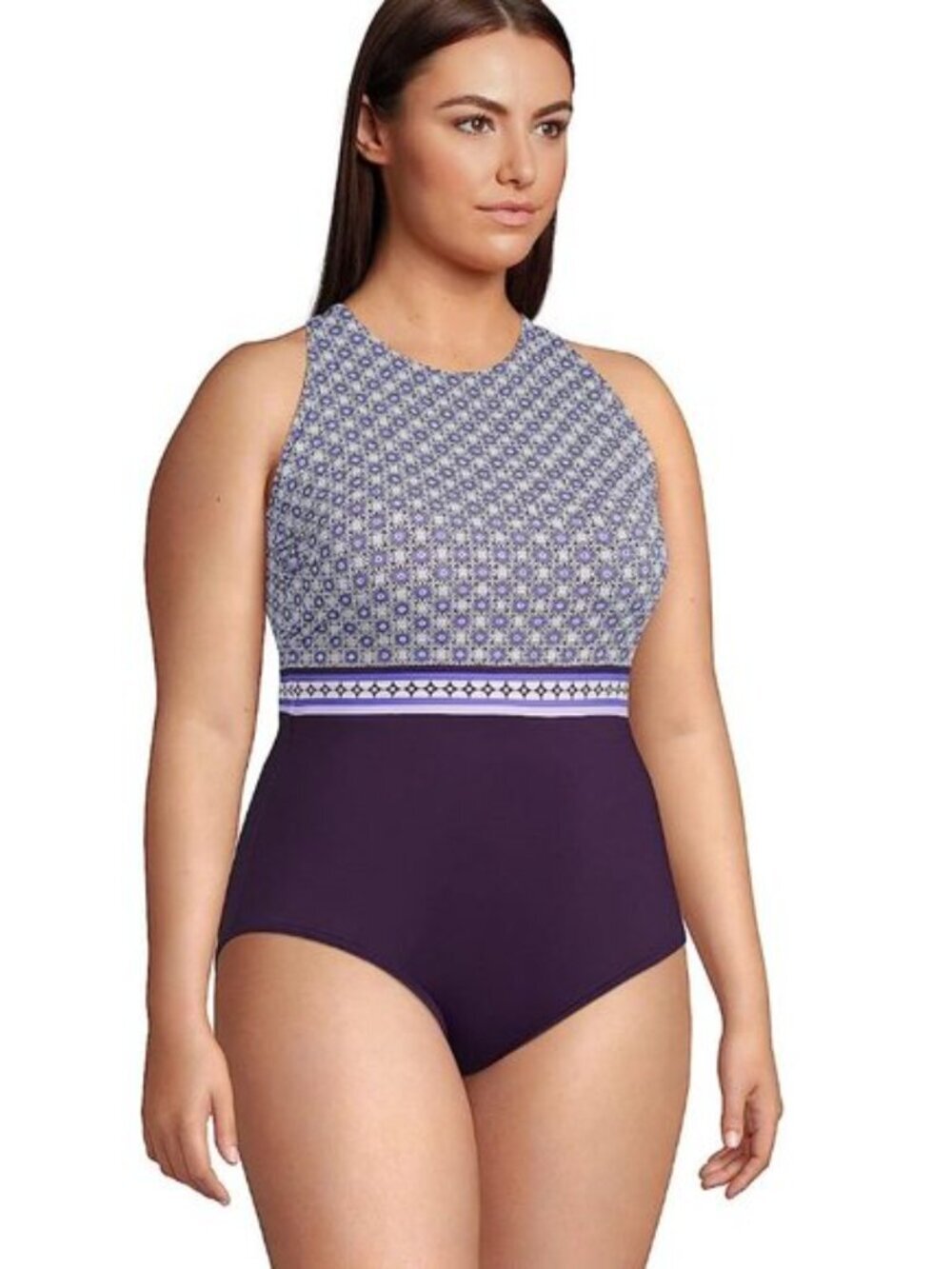 Land's End Women's Size L Tugless High Neck Portrait Back One Piece Swimsuit NEW - Picture 2 of 10